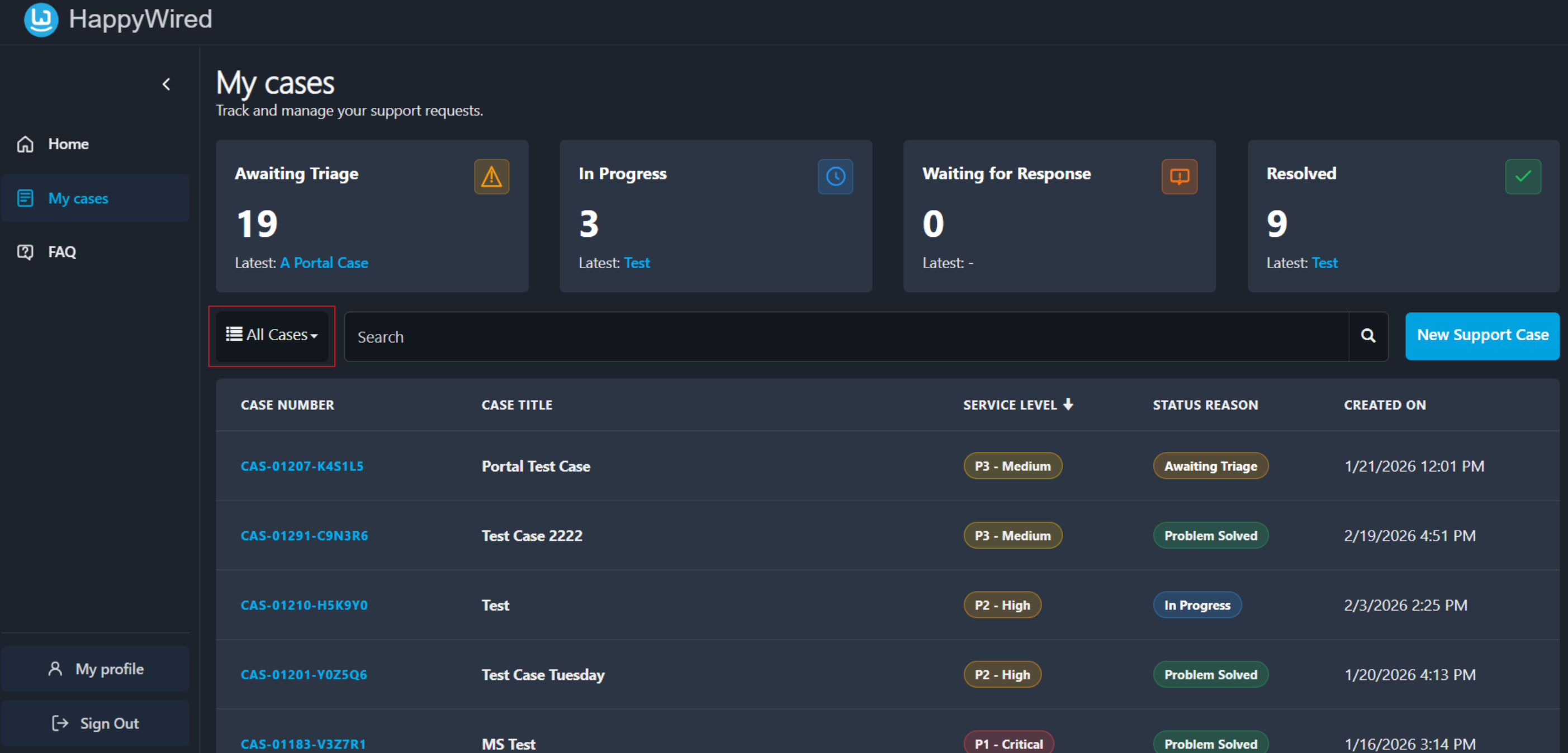 My Cases filter dropdown screenshot